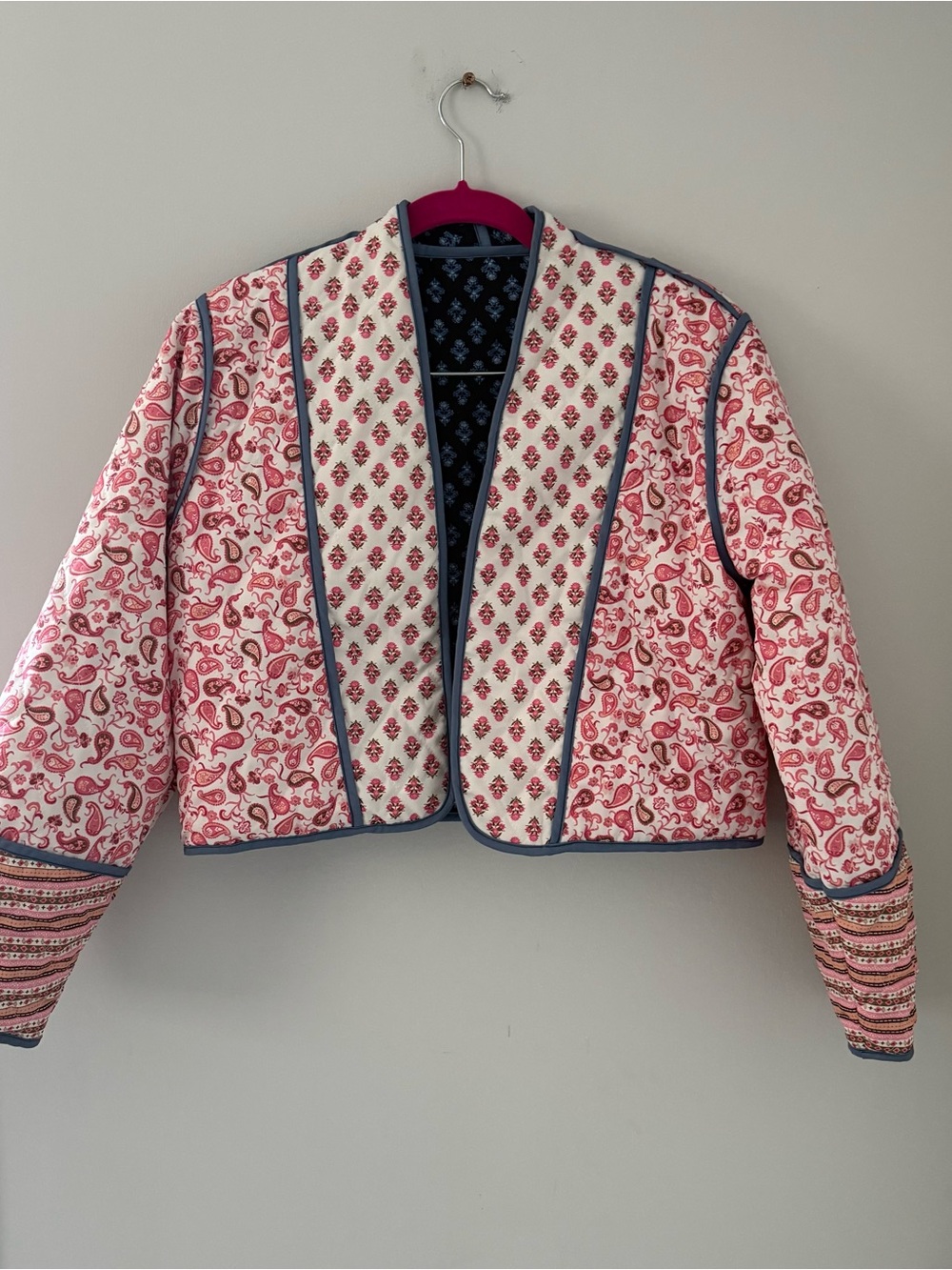 Reversible Quilted Paisley Cropped Jacket - Pink & White and Blue and Black